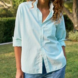 J. CREW Seersucker Buttondown Shirt top green white stripe cotton size 10 preppy